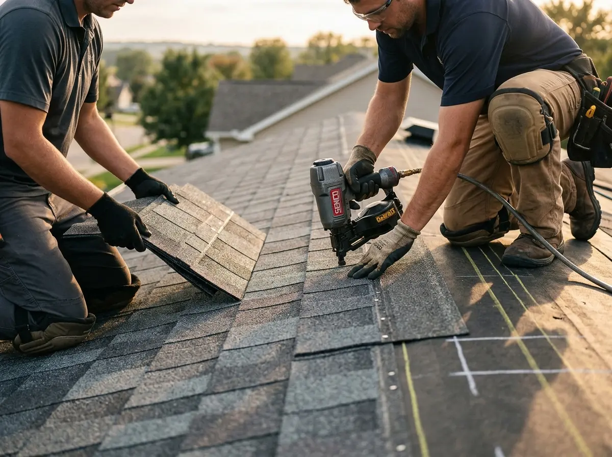 Professional roofer working on a residential roof in Walnut Ridge